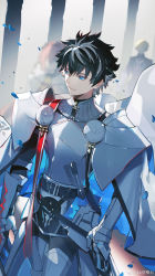Rule 34 | 3boys, :|, absurdres, armor, astolfo (fate), black hair, blue eyes, blue flower, blue petals, cape, charlemagne (fate), closed mouth, commentary request, expressionless, fate/extella, fate/extella link, fate/extra, fate/grand order, fate (series), flower, highres, k7 (kk7 000), knight, long sleeves, looking away, male focus, multicolored hair, multiple boys, official alternate costume, pants, petals, roland (fate), short hair, solo focus, sword, two-tone hair, weapon, white armor, white cape, white hair