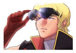 1boy adjusting_eyewear aeug blonde_hair blue_eyes commentary_request fake_screenshot gloves gundam highres kogetoriten_999 male_focus mullet quattro_bajeena red_gloves science_fiction sunglasses tikarawaza vest white_background zeta_gundam