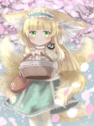 Rule 34 | 1girl, animal ear fluff, animal ears, arknights, basket, black cat, blonde hair, blunt ends, blush, cardigan, cat, cherry blossoms, closed mouth, commentary, crossover, feet out of frame, fox ears, fox girl, fox tail, frilled hairband, frills, green eyes, green hairband, green skirt, hair ornament, hair scrunchie, hairband, hands up, heixiu, highres, holding, holding basket, kirameboshi, kitsune, kyuubi, long hair, long sleeves, multicolored hair, multiple tails, neck ribbon, official alternate costume, on shoulder, open cardigan, open clothes, red ribbon, ribbon, scrunchie, shirt, skirt, sleeve cuffs, solo, spring (season), stitches, suzuran (arknights), suzuran (spring praise) (arknights), tail, luo xiaohei zhanji, two-tone hair, white hair, white scrunchie, white shirt, yellow cardigan