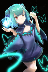Rule 34 | 1girl, :o, absurdres, black background, blue bow, blue dress, blue sleeves, bow, breasts, bug, butterfly, commentary request, detached sleeves, double bun, dress, feet out of frame, frilled dress, frills, green hair, green nails, hair bow, hair bun, hair ornament, highres, hilamaru, hololive, insect, long hair, long sleeves, looking at viewer, nail polish, parted lips, red eyes, skull hair ornament, sleeveless, sleeveless dress, small breasts, solo, standing, uruha rushia, uruha rushia (1st costume), virtual youtuber, wide sleeves