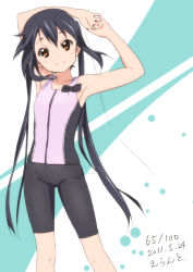 Rule 34 | 1girl, 2011, armpits, arms up, bare shoulders, bike shorts, black hair, brown eyes, casual, dated, errant, k-on!, long hair, nakano azusa, official style, signature, smile, solo, stretching, twintails