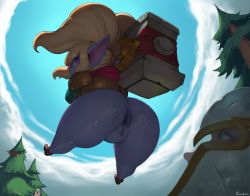 Rule 34 | 1girl, absurdres, anus, armor, ass, blonde hair, boots, cleft of venus, colored skin, forastero, furry, helmet, highres, huge ass, league of legends, long hair, looking at viewer, looking back, nude, outdoors, plump, pointy ears, poppy (league of legends), purple eyes, purple skin, pussy, shortstack, sweat, thick thighs, thighs, uncensored, yordle