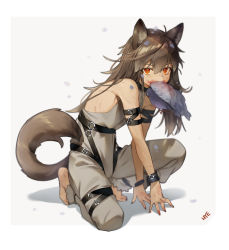 Rule 34 | 1girl, absurdres, all fours, animal, animal ear fluff, animal ears, bare arms, bare shoulders, barefoot, bird, blood, blood on face, brown hair, dead animal, full body, hair between eyes, hieung, highres, long hair, looking at viewer, mouth hold, original, red eyes, scratches, signature, simple background, sleeveless, solo, strap, tail, white background