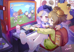 4girls :d :o arcade_cabinet backpack bag bell blonde_hair blue_shorts bottle bow braid brown_eyes brown_hair brown_hat commentary_request crime_prevention_buzzer dress feet game_over genshin_impact green_dress grey_hair guoba_(genshin_impact) hair_bell hair_ornament hair_rings hat hat_bow hilichurl_(genshin_impact) indoors jingle_bell klee_(genshin_impact) long_sleeves multiple_girls nahida_(genshin_impact) no_shoes ofuda open_mouth pantyhose pantyhose_under_shorts parted_lips pointy_ears profile purple_bow purple_footwear purple_hair qiqi_(genshin_impact) randoseru red_hat shirt shoes short_eyebrows shorts signature sitting sitting_on_lap sitting_on_person smile soles stool striped_clothes striped_shirt tsubasa_tsubasa unworn_shoes white_pantyhose yaoyao_(genshin_impact)