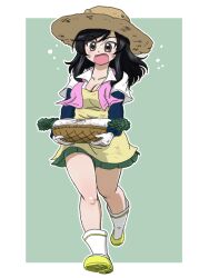 Rule 34 | 1girl, apron, basket, belle (girls und panzer), black eyes, black hair, blue shirt, boots, brown hat, collared shirt, commentary, daikon, dirty, dirty clothes, flying sweatdrops, frown, full body, girls und panzer, gloves, green background, green skirt, hat, holding, holding basket, layered sleeves, long hair, long sleeves, looking at viewer, medium hair, miniskirt, open mouth, outline, outside border, pink towel, pleated skirt, radish, shirt, short over long sleeves, short sleeves, skirt, solo, standing, straw hat, sun hat, swept bangs, takahashi kurage, towel, towel around neck, walking, white footwear, white gloves, white outline, white shirt, yellow apron