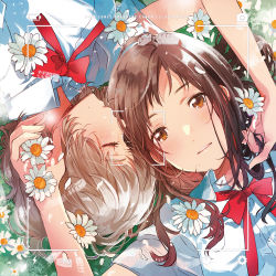 Rule 34 | 2girls, blouse, blush, bow, brainbuster, brown hair, cover, cover page, dated, closed eyes, flower, fly (marguerite), from above, hand in another&#039;s hair, light brown hair, long hair, looking at viewer, lying, medium hair, multiple girls, on back, original, red bow, school uniform, shirt, white shirt, yuri