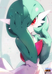 Rule 34 | 1girl, artist name, bob cut, closed mouth, colored skin, copyright name, covering one eye, creatures (company), english text, female focus, flat chest, game freak, gardevoir, gen 3 pokemon, green hair, green skin, hand on own face, hands up, highres, logo, looking at viewer, multicolored skin, nintendo, one eye covered, pokemon, pokemon (creature), pokemon unite, red eyes, short hair, signature, solo, standing, suahh, twitter username, two-tone skin, upper body, white skin