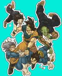 Rule 34 | 5boys, antennae, armor, black hair, blue background, boots, d:, dougi, dragon ball, dragonball z, closed eyes, falling, father and son, gloves, male focus, multiple boys, nervous, nitako, open mouth, piccolo, scared, short hair, simple background, smile, son gohan, son goku, spiked hair, surprised, sweatdrop, teeth, torn clothes, trunks (dragon ball), trunks (future) (dragon ball), vegeta, wide-eyed, wristband