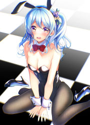 Rule 34 | 1girl, :o, animal ears, arm support, arms between legs, bang dream!, bare shoulders, black footwear, black leotard, black pantyhose, blue hair, blue nails, blush, bow, bowtie, breasts, checkered floor, cleavage, commentary request, crying, detached collar, embarrassed, fake animal ears, flustered, unworn footwear, from above, full body, hair ornament, hair ribbon, hairband, high heels, highres, leotard, looking at viewer, matsubara kanon, medium breasts, medium hair, nail polish, no shoes, on floor, one side up, open mouth, pantyhose, playboy bunny, purple eyes, rabbit ears, red bow, red bowtie, ribbon, round teeth, shoes, unworn shoes, sitting, sleeveless, solo, strapless, strapless leotard, tears, teeth, toes, tsurugi hikaru, upper teeth only, wariza, wrist cuffs