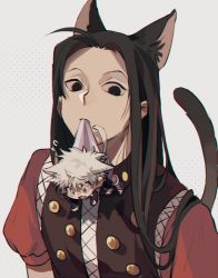 Rule 34 | 2boys, :3, ahoge, animal ear fluff, animal ears, black hair, black vest, brothers, cat boy, cat ears, cat tail, chibi, dangling, extra ears, fang, grey background, grey hair, grey shorts, hunter x hunter, illumi zoldyck, kemonomimi mode, killua zoldyck, lifting person, long hair, long sleeves, looking at viewer, looking down, male focus, mini person, miniboy, mouth hold, multiple boys, open mouth, outstretched arms, puffy short sleeves, puffy sleeves, qin (7833198), red shirt, shirt, shoes, short hair, short sleeves, shorts, siblings, size difference, straight hair, tail, upper body, vest, white hair, white shirt
