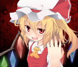 Rule 34 | 1girl, blonde hair, dress, embodiment of scarlet devil, face, fang, female focus, flandre scarlet, hat, open mouth, red dress, red eyes, side ponytail, solo, touhou, tsunsuki (naobe009), wings