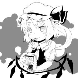 Rule 34 | 1girl, blush, female focus, flandre scarlet, frills, greyscale, hat, hat ribbon, holding, looking at viewer, mob cap, monochrome, myonde, puffy short sleeves, puffy sleeves, ribbon, short sleeves, simple background, smile, solo, touhou, upper body, white background, wings