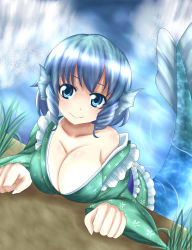 Rule 34 | 1girl, animal ears, bad id, bad pixiv id, blue eyes, blue hair, breasts, cleavage, fins, grass, head fins, highres, japanese clothes, kimono, large breasts, long sleeves, lying, matching hair/eyes, mermaid, monster girl, obi, sash, short hair, smile, solo, touhou, wakasagihime, water, wendell, wide sleeves