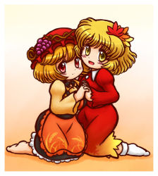 Rule 34 | 2girls, :d, aki minoriko, aki shizuha, apron, barefoot, black skirt, blonde hair, blush stickers, breasts, closed mouth, collared shirt, commentary request, food, frilled skirt, frills, fruit, gradient background, grapes, hair ornament, hat, holding hands, interlocked fingers, kneeling, leaf hair ornament, long sleeves, looking at viewer, medium breasts, mob cap, multiple girls, nitamago, open mouth, orange apron, red eyes, red hat, red shirt, red skirt, shadow, shirt, short hair, siblings, sisters, skirt, skirt set, small breasts, smile, socks, touhou, two-tone background, white legwear, wing collar, yellow eyes, yellow shirt