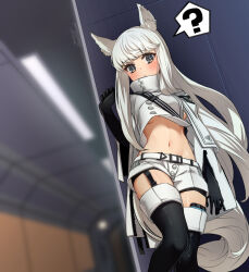 Rule 34 | 1girl, ?, against wall, animal ears, arknights, black footwear, black gloves, blush, boots, breasts, brown eyes, closed mouth, crop top, elbow gloves, feet out of frame, garter straps, gloves, hand up, high collar, highres, horse ears, horse girl, horse tail, indoors, long hair, long sleeves, medium breasts, navel, platinum (arknights), revealing clothes, seto tinami, shorts, signature, solo, spoken question mark, standing, tail, thigh boots, underboob, variant set, very long hair, white hair, white shorts, wide sleeves