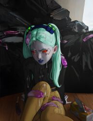 Rule 34 | 1girl, absurdres, aftersex, aqua hair, artificial eye, black shirt, blue lips, brown pants, colored sclera, colored skin, condom, cum, cum on body, cum on clothes, cum on hair, cumdrip, cyberpunk (series), cyberpunk edgerunners, diathorn, facial, female focus, hairband, highres, lips, lipstick, long hair, looking at viewer, makeup, mechanical eye, multiple condoms, nose, on floor, pants, rebecca (cyberpunk), red pupils, red sclera, shirt, shirt tucked in, sitting, solo, tissue, tissue box, trash bag, twintails, used condom, white skin