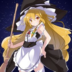 Rule 34 | 1girl, apron, bamboo broom, bare shoulders, black dress, black hat, blonde hair, broom, commentary request, dress, frilled apron, frills, grin, hair between eyes, hand on own hip, hat, highres, holding, holding broom, kirisame marisa, long hair, looking at viewer, neck ribbon, red eyes, red ribbon, ribbon, ryogo, shirt, sleeveless, sleeveless shirt, smile, solo, standing, thighhighs, touhou, very long hair, waist apron, white apron, white shirt, white thighhighs, witch hat