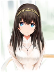 Rule 34 | 1girl, black hair, blue eyes, breasts, breasts squeezed together, cleavage, curtains, hair between eyes, hair over shoulder, hairband, idolmaster, idolmaster cinderella girls, indoors, jewelry, large breasts, long hair, long sleeves, nannacy7, necklace, sagisawa fumika, see-through, shirt, smile, solo, upper body
