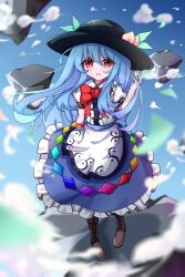 Rule 34 | 1girl, absurdres, black hat, blue hair, blush, boots, bow, brown footwear, collared shirt, commentary, floating rock, food, fruit, fruit hat ornament, gaosuhuancun, hat, highres, hinanawi tenshi, leaf, long hair, looking at viewer, open mouth, peach, peach hat ornament, red bow, red eyes, shirt, short sleeves, skirt, sky, solo, touhou