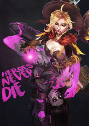 Rule 34 | 2girls, absurdres, alternate costume, aura, black hair, blonde hair, breasts, brown gloves, cleavage, colored skin, corruption, earrings, english text, gloves, glowing, glowing eyes, grey skin, hat, highres, huge filesize, jack-o&#039;-lantern, jack-o&#039;-lantern earrings, jewelry, mercy (overwatch), monori rogue, multiple girls, official alternate costume, open mouth, overwatch, overwatch 1, pharah (overwatch), possessed pharah, witch hat, witch mercy