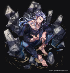 Rule 34 | 1boy, barefoot, collarbone, english text, fingernails, grey eyes, grey hair, hero cantare, highres, long eyebrows, long hair, long sleeves, looking at viewer, male focus, muzaka (noblesse), noblesse, official art, scar, scar on face, sharp fingernails, sitting, smile, teeth, torn clothes, yagaaaa