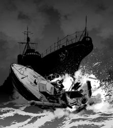Rule 34 | 10s, amagiri (destroyer), anchor, boat, collision, destroyer, greyscale, highres, kantai collection, matsuda juukou, military, military vehicle, monochrome, ocean, pt-109, real life, ship, silhouette, torpedo boat, torpedo tubes, warship, water, watercraft