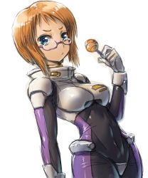 Rule 34 | 1girl, amania orz, arm at side, blue eyes, bodysuit, breasts, candy, closed mouth, commentary request, covered navel, cowboy shot, elpeo puru, food, glasses, gundam, gundam zz, lollipop, looking at viewer, medium breasts, orange hair, pilot suit, short hair, simple background, sketch, skin tight, solo, standing, white background