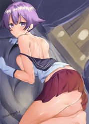 Rule 34 | 1girl, ass, barefoot, blush, breasts, breasts out, from side, gloves, highres, kantai collection, looking at viewer, looking to the side, mizuta kenji, open clothes, open shirt, pleated skirt, purple eyes, purple hair, red skirt, sakawa (kancolle), school uniform, serafuku, short hair, skirt, smile, solo, twitter username, white gloves