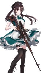 Rule 34 | 1girl, apron, aqua dress, bad id, bad pixiv id, beret, black footwear, black hair, black thighhighs, blunt bangs, boots, breasts, brown eyes, closed mouth, collared shirt, combat boots, cross-laced footwear, dragunov svd, dress, frilled thighhighs, frills, gun, hat, highres, holding, holding gun, holding weapon, knee boots, lace-up boots, light smile, long hair, looking at viewer, medium breasts, misumi (macaroni), over-kneehighs, real life, rifle, scope, shirt, sidelocks, simple background, smile, sniper rifle, solo, standing, thighhighs, trigger discipline, twintails, uesaka sumire, weapon, white background, white shirt