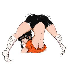 Rule 34 | 1girl, artist request, ass, ass focus, ass shake, black eyes, black hair, blush, breasts, cameltoe, chi-chi (dragon ball), cleft of venus, dragon ball, dragonball z, full body, heart, heart-shaped pupils, highres, jack-o&#039; challenge, legs apart, long hair, looking at viewer, looking back, medium breasts, meme, navel, no bra, pants, shiny clothes, shiny skin, shorts, simple background, smile, solo, spread legs, stretching, symbol-shaped pupils, white background, wide spread legs, yoga pants
