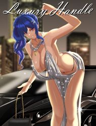 Rule 34 | 1girl, absurdres, ass, azur lane, backless dress, backless outfit, bag, bare shoulders, bent over, blue hair, blue nails, blurry, blurry background, bracelet, breasts, building, butt crack, car, cityscape, cleavage, dress, earrings, epko, evening gown, grey dress, grin, hair ornament, hairclip, halter dress, halterneck, handbag, highres, jewelry, large breasts, motor vehicle, nail polish, necklace, night, night sky, outdoors, pink eyes, plunging neckline, revealing clothes, side ponytail, sidelocks, silver dress, sky, skyscraper, smile, st. louis (azur lane), st. louis (luxurious wheels) (azur lane), thighs