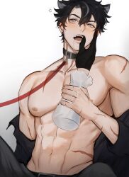 Rule 34 | 1boy, abs, animal ears, bare pectorals, bare shoulders, belt, belt buckle, black gloves, black hair, black shirt, blush, buckle, collar, ear piercing, earrings, fang, genshin impact, gloves, grey eyes, hair between eyes, highres, jewelry, leash, looking to the side, male focus, muscular, muscular male, navel, nipples, nokkusuart, open clothes, open mouth, parted bangs, pectorals, piercing, saliva, scar, scar on arm, scar on face, scar on stomach, shirt, short hair, sitting, solo, stud earrings, teeth, toned, toned male, upper body, white background, wriothesley (genshin impact)