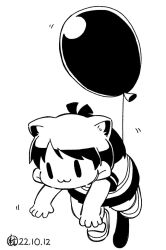 Rule 34 | 1girl, :3, animal ears, artist logo, balloon, cat ears, cat tail, chibi, commentary, dated, floating, full body, greyscale, kantai collection, lineart, monochrome, pleated skirt, ponytail, shikinami (kancolle), shoes, short hair, skirt, smile, solo, symbol-only commentary, tail, tsubutarou