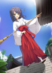Rule 34 | 1girl, :d, bamboo broom, blue ribbon, blue sky, blush, broom, brown eyes, brown footwear, brown hair, building, cloud, commentary request, day, dutch angle, hair between eyes, hair ornament, hair ribbon, hakama, hakama skirt, highres, japanese clothes, kimono, long sleeves, looking at viewer, miko, one side up, open mouth, original, outdoors, red hakama, ribbon, round teeth, sandals, short kimono, skirt, sky, smile, socks, solo, stairs, standing, standing on one leg, stone stairs, teeth, tsuyukina fuzuki, upper teeth only, white kimono, white socks, wide sleeves, x hair ornament, zouri