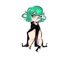 Rule 34 | 1girl, arms behind back, black dress, black footwear, blush, blush stickers, breasts, collarbone, dress, full body, green eyes, green hair, half-closed eyes, herny, legs apart, long sleeves, looking to the side, no panties, one-punch man, pelvic curtain, short hair, simple background, small breasts, solo, standing, tatsumaki, thick thighs, thighs, white background, wide hips