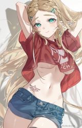Rule 34 | 1girl, arms behind head, blonde hair, blue eyes, blue shorts, blush, braid, breasts, closed mouth, cowboy shot, crop top, ear piercing, earrings, elf, hair ornament, hairclip, highres, jewelry, large breasts, long hair, looking at viewer, midriff, navel, nintendo, no bra, piercing, pointy ears, princess zelda, red shirt, shirt, short shorts, shorts, shuri (84k), simple background, solo, stomach tattoo, tattoo, the legend of zelda, the legend of zelda: breath of the wild, thick eyebrows, twitter username, underboob, very long hair, white background