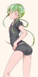 Rule 34 | androgynous, ass, blush, collagen, flat chest, formal, gender request, green hair, houseki no kuni, jade (houseki no kuni), long hair, looking back, short shorts, shorts, simple background, suit