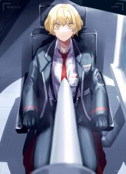 Rule 34 | 1boy, belt, black belt, black coat, black gloves, black pants, blonde hair, coat, collared shirt, commentary request, eyebrows hidden by hair, gloves, highres, kyuryuu anuma, limbus company, long sleeves, looking at viewer, male focus, necktie, open clothes, open coat, pants, parted lips, project moon, recording, red necktie, scared, shirt, short hair, sinclair (project moon), sitting, solo, suspenders, sweat, white shirt, yellow eyes
