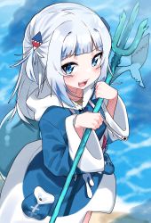 Rule 34 | 1girl, :d, absurdres, blue eyes, blue hair, blue hoodie, blunt bangs, blush, commentary, drawstring, fins, fish tail, gawr gura, gawr gura (1st costume), grey hair, hair ornament, hands up, highres, holding, holding polearm, holding weapon, hololive, hololive english, hood, hood down, hoodie, long hair, long sleeves, multicolored hair, open mouth, polearm, shark tail, sharp teeth, smile, solo, streaked hair, tail, teeth, tosyeo, trident, two side up, v-shaped eyebrows, virtual youtuber, water, weapon, wide sleeves