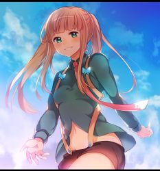 Rule 34 | 1girl, aged up, blonde hair, blush, elle mel marta, green eyes, green shirt, grin, groin, letterboxed, long hair, long sleeves, looking at viewer, midriff, moe on drop, mugiame (anpu), navel, necktie, outdoors, shirt, shorts, smile, solo, strap, tales of (series), tales of xillia, tales of xillia 2, twintails, wing collar