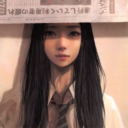 Rule 34 | 1girl, absurdres, black hair, chromatic aberration, collared shirt, dress shirt, eyebrows, highres, lips, long hair, looking at viewer, necktie, newspaper, nose, original, parted lips, realistic, shaded face, shirt, solo, translation request, upper body, wataboku, white shirt, wing collar