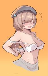 Rule 34 | 1girl, absurdres, adjusting bra, adjusting clothes, arknights, beret, blush, bra, breasts, brown hair, chinese commentary, commentary request, covered eyes, cropped legs, dressing, facing viewer, grey hat, grey skirt, hat, highres, long hair, medium breasts, mr.681, navel, no eyes, open mouth, orange background, reserve operator caster (arknights), simple background, skirt, solo, tearing up, underwear, white bra