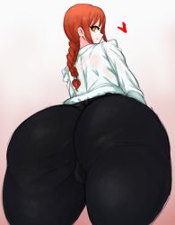 Rule 34 | 1girl, absurdres, ass, ass focus, black pants, braid, cameltoe, chainsaw man, cleft of venus, colorized, curvy, from below, heart, highres, long hair, long sleeves, looking back, makima (chainsaw man), pants, red hair, shirt, smile, solo, thanuki, thick thighs, thighs, tight clothes, tight pants, white shirt, wide hips, yellow eyes
