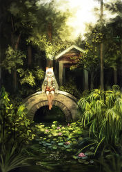 Rule 34 | 1girl, adapted costume, barefoot, bow, bridge, bryanth, female focus, flower, foot dangle, forest, fujiwara no mokou, green theme, hair bow, highres, lily pad, long hair, looking at viewer, nature, outdoors, plant, pond, red eyes, red shorts, river, scenery, shirt, shorts, sitting, solo, stream, sunlight, suspenders, touhou, tree, very long hair, white hair, white shirt