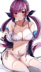 Rule 34 | 1girl, ahoge, bare shoulders, blue hair, blush, bra, braid, breasts, cleavage, collarbone, colored inner hair, groin, hair ribbon, highres, hololive, large breasts, long hair, looking at viewer, low twintails, minato aqua, multicolored hair, navel, off shoulder, panties, purple eyes, purple hair, ribbon, sak (lemondisk), shiny skin, side-tie panties, simple background, sitting, smile, solo, stomach, thighhighs, thighs, twintails, two-tone hair, underwear, undressing, virtual youtuber, white background, white bra, white panties, white thighhighs, yokozuwari
