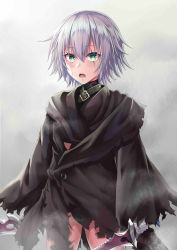 Rule 34 | 1girl, absurdres, bandaged hand, bandages, belt, belt buckle, black belt, black cloak, blush, buckle, cloak, commentary request, cowboy shot, dagger, dual wielding, facial scar, fate/grand order, fate (series), gluteal fold, green eyes, hair between eyes, highres, holding, holding dagger, holding knife, holding weapon, jack the ripper (fate/apocrypha), knife, looking at viewer, open mouth, sbean, scar, scar across eye, scar on cheek, scar on face, silver hair, solo, torn cloak, torn clothes, weapon
