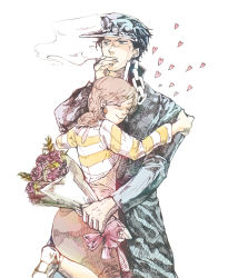 Rule 34 | 1boy, 1girl, age difference, apron, bad id, bad pixiv id, black hair, bouquet, bow, brown hair, chain, cigarette, closed eyes, earrings, family, flower, gakuran, hat, heart, height difference, hug, iu, jewelry, jojo no kimyou na bouken, kuujou holly, kuujou joutarou, long coat, mother&#039;s day, mother and son, peaked cap, school uniform, shirt, simple background, size difference, smile, smoke, smoking, striped clothes, striped shirt, white background