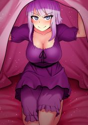 Rule 34 | 10s, 1girl, absurdres, bed sheet, blue eyes, blush, breasts, cleavage, collarbone, dagashi kashi, eyelashes, eyes visible through hair, frills, heart, heart-shaped pupils, highres, kneeling, large breasts, legs, lifting covers, lips, looking at viewer, no shoes, purple hair, shidare hotaru, shirt, short hair, sitting, sleepwear, smile, solo, symbol-shaped pupils, the only shoe, thighs, under covers