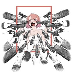Rule 34 | 1girl, 6+others, at gunpoint, bare shoulders, breasts, collarbone, commentary, gradient hair, gun, gun to head, handgun, hands up, highres, holding, holding gun, holding weapon, john wick, long sleeves, looking at another, medium breasts, mr tangsuyuk, multicolored hair, multiple others, open mouth, orange hair, original, parody, pointing gun, purple eyes, screaming, short hair, solo focus, spaghetti strap, surrounded, surrounded by guns, sweat, symbol-only commentary, tank top, weapon, white tank top