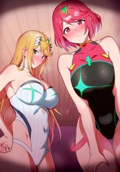 Rule 34 | 2girls, amano don, bare shoulders, black one-piece swimsuit, blonde hair, blush, breasts, cleavage, competition swimsuit, covered navel, highleg, highleg swimsuit, highres, large breasts, long hair, looking at viewer, multiple girls, mythra (radiant beach) (xenoblade), mythra (xenoblade), one-piece swimsuit, pyra (pro swimmer) (xenoblade), pyra (xenoblade), red eyes, red hair, revision, short hair, smile, swimsuit, thighs, white one-piece swimsuit, xenoblade chronicles (series), xenoblade chronicles 2, yellow eyes